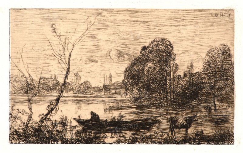 Jean-Baptiste-Camille Corot (French, 1796 - 1875). Ville d'Avray: Boatman on Pond (Evening), 1862. Etching and drypoint on buff chine collé. Plate: 81 mm x 127 mm (3.19 in. x 5 in.). Second of three states.