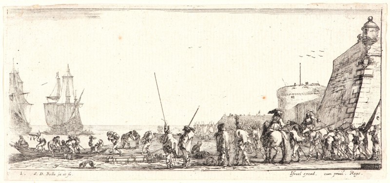 Stefano Della Bella (Italian, 1610 - 1664). De nombreux soldats attendent sur le rivage, 1644. From Divers Embarquements. Etching on laid paper. Only state.
