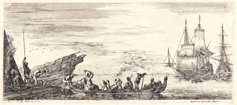 Stefano Della Bella (Italian, 1610 - 1664). Sentinelle et trois debardeurs, 1644. From Divers Embarquements. Etching on laid paper. Only state.