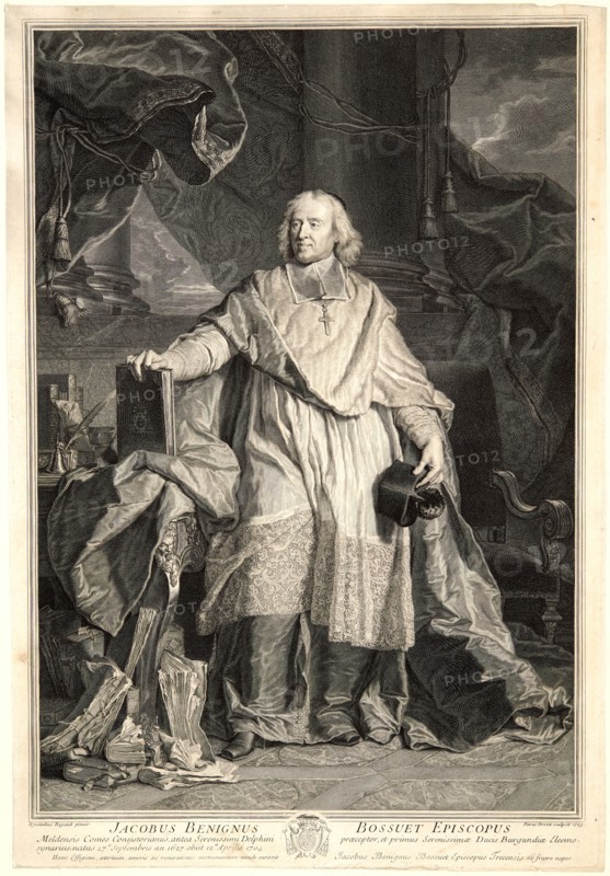 Pierre-Imbert Drevet (French, 1697-1739) after Hyacinthe Rigaud (French, 1659 - 1743). Portrait of the Bishop Jacques-Bénigne Bossuet (1627-1704), 1723. Engraving on laid paper. Plate: 508 mm x 346 mm (20 in. x 13.62 in.). Ninth of fifteen states, before the dots after the painter's name and pinxit.