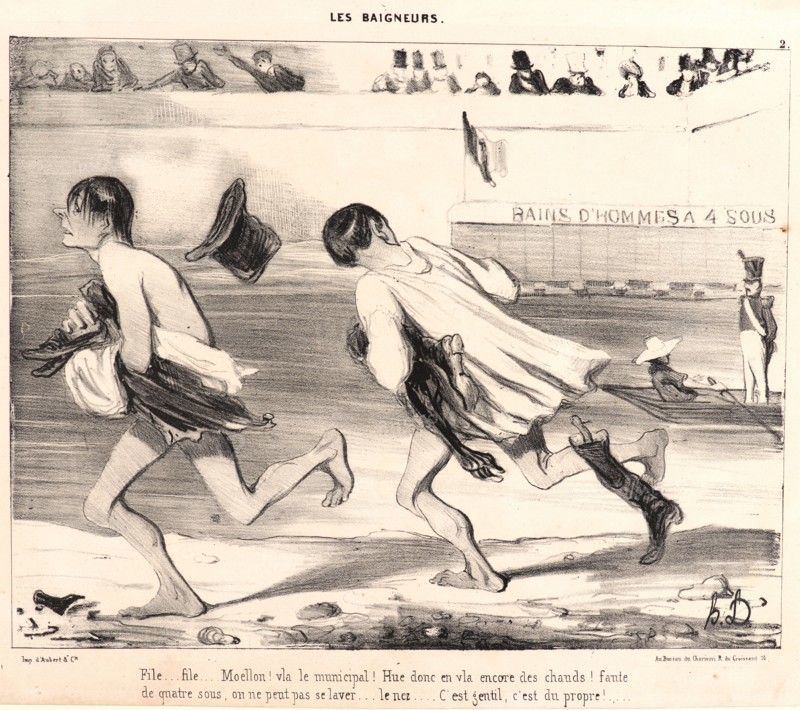 Honoré Daumier (French, 1808 - 1879). File...Moellon! via le municipal!..., 1839. From Les Baigneurs. Lithograph on white wove paper. Image: 211 mm x 274 mm (8.31 in. x 10.79 in.) (image dimensions are for composition). Third state.