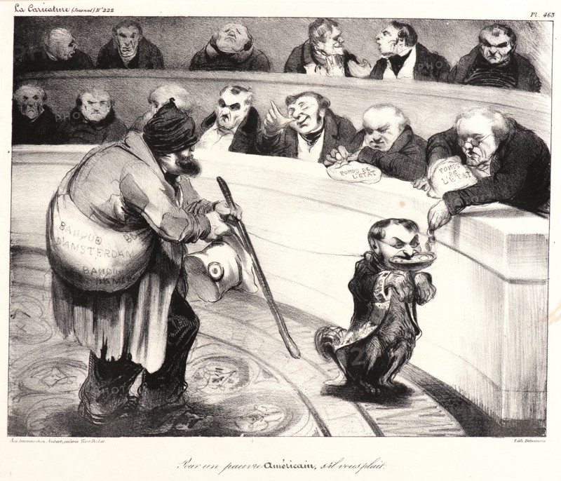 Honoré Daumier (French, 1808 - 1879). Pour un pauvre Americain, s'il vous plait, 1835. Lithograph on white wove paper. Image: 217 mm x 278 mm (8.54 in. x 10.94 in.). First state.