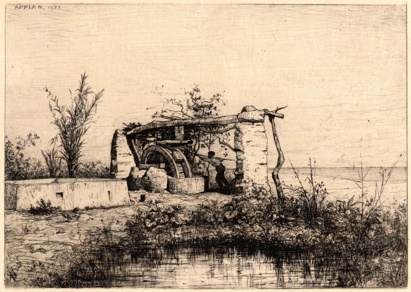 Adolphe Appian (French, 1818 - 1898). Une Noria Ã  Bordiquier, 1873. Etching on loose India paper.