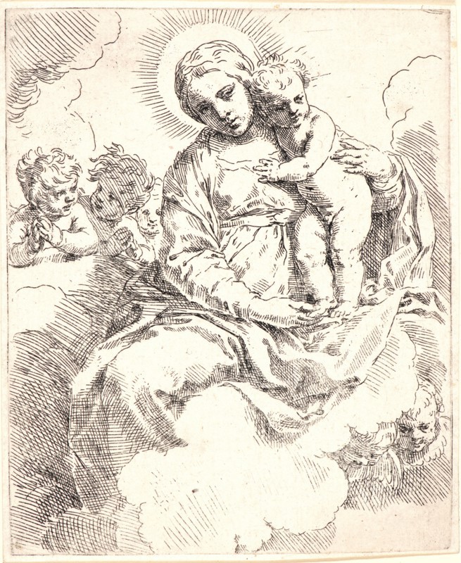 Simone Cantarini (Italian, 1612 - 1648). Virgin and Child with Angels (in Clouds), 17th century. Etching. Plate: 141 mm x 115 mm (5.55 in. x 4.53 in.). First of two states.