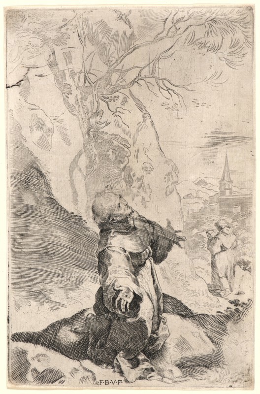 Federico Barocci (Italian, 1528 - 1612). St. Francis Receiving the Stigmata. Engraving and etching from unfinished plate with an unsuccessful attempt at multiple bite.