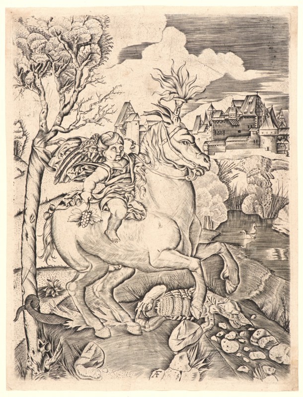 Monogrammist AF (Italian, active ca. 1500). Winged Genius on Horseback, ca. 1515. Engraving.