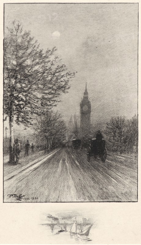 Félix Hilaire Buhot (French, 1847 - 1898). The Embankment, Westminster, London, 1892. Lithograph.