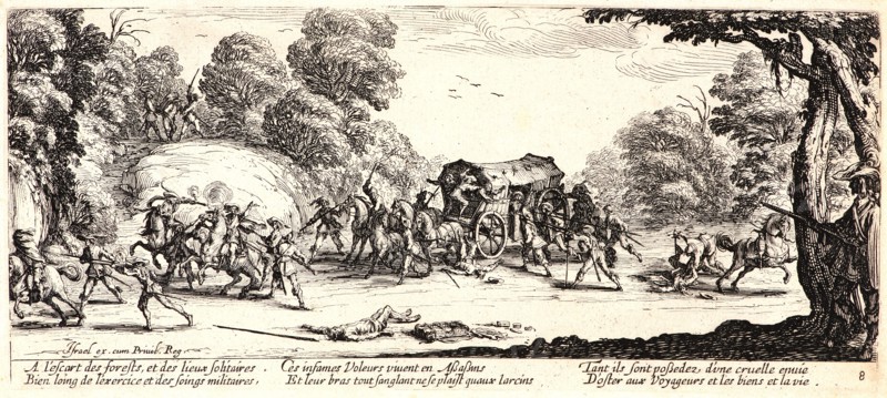 Jacques Callot (French, 1592 - 1635). Highway Robbery and Murder (L'Attaque de la Diligence), 1633. From The Large Miseries of War (Les Grandes MisÃ¨res de la Guerre). Etching. Second state.