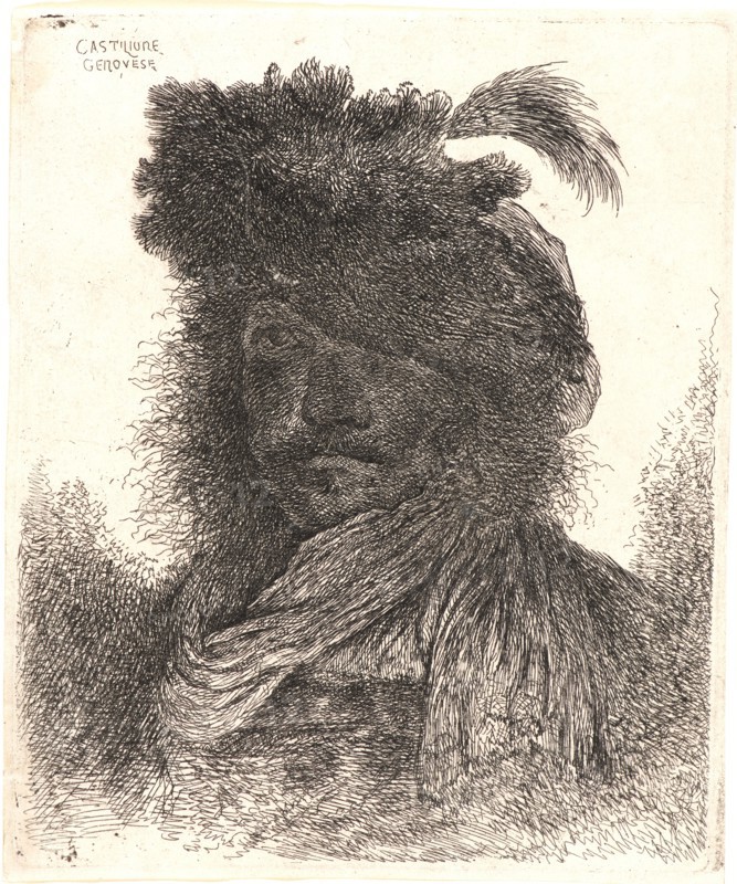 Giovanni Benedetto Castiglione (Italian, 1609 - 1664). Head of Man Wearing a Fur Cap with a Plume, ca. 1648-1650. From Les Grandes tÃªtes d'hommes coiffés Ã  l'Orientale. Etching.