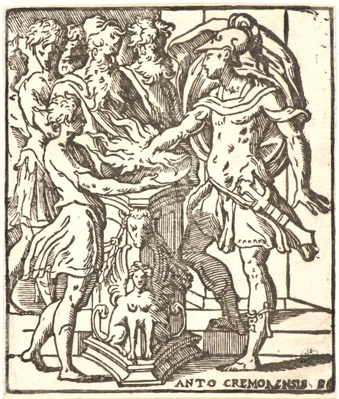 Antonio Campi (Italian, 1524 - 1587). Mucius Scaevola, 16th century. Woodcut from key block for a chiaroscuro woodcut.