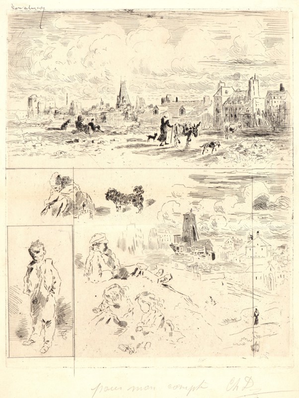 Félix Hilaire Buhot (French, 1847 - 1898). Environs de l'ancien CollÃ¨ge Rollin, 19th century. Etching on Ingres laid paper. Plate: 270 mm x 217 mm (10.63 in. x 8.54 in.). Unique state, printed before plate was cut in three or four pieces.
