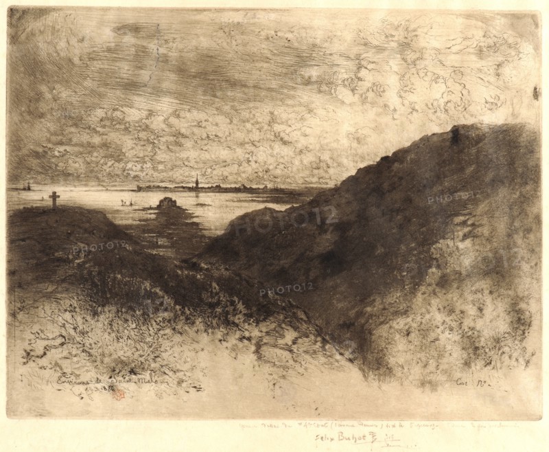Félix Hilaire Buhot (French, 1847 - 1898). The Cliff, Bay of St. Malo (La Falaise, Baie de St. Malo), 1886. Etching, drypoint, and aquatint on vellum. Fourth state.