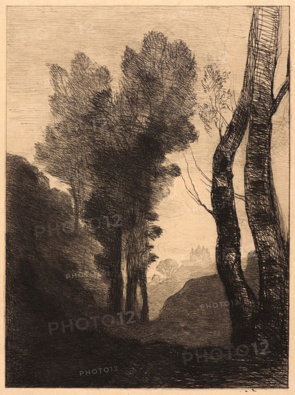 Jean-Baptiste-Camille Corot (French, 1796 - 1875). Environs of Rome, 1866. Etching on Japan paper. Plate: 316 mm x 239 mm (12.44 in. x 9.41 in.). Third of three states.