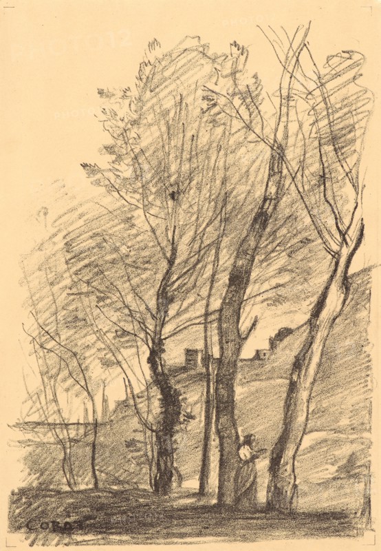 Jean-Baptiste-Camille Corot (French, 1796 - 1875). Reading beneath the Trees (La lecture sous les arbres) Arras, July 1874, 1874. Transfer lithograph on thin tan wove paper. Image: 265 mm x 181 mm (10.43 in. x 7.13 in.). Only state.