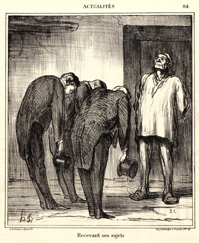 Honoré Daumier (French, 1808 - 1879). Recevant ses sujets, 1869. From Actualités. Lithograph on newsprint paper. Image: 242 mm x 212 mm (9.53 in. x 8.35 in.). Second of two states.