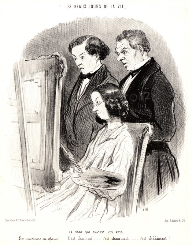 Honoré Daumier (French, 1808 - 1879). La dame qui cultive les arts, 1846. From Les Beaux Jours de la Vie. Lithograph on white wove paper. Image: 250 mm x 222 mm (9.84 in. x 8.74 in.). Second of two states.