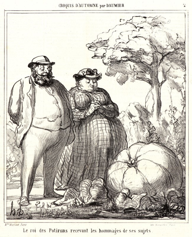 Honoré Daumier (French, 1808 - 1879). Le roi des Potirons recevant les Hommages de ses Sujets, 1865. From Croquis d'automne. Lithograph on newsprint paper. Image: 248 mm x 215 mm (9.76 in. x 8.46 in.). Second of two states.