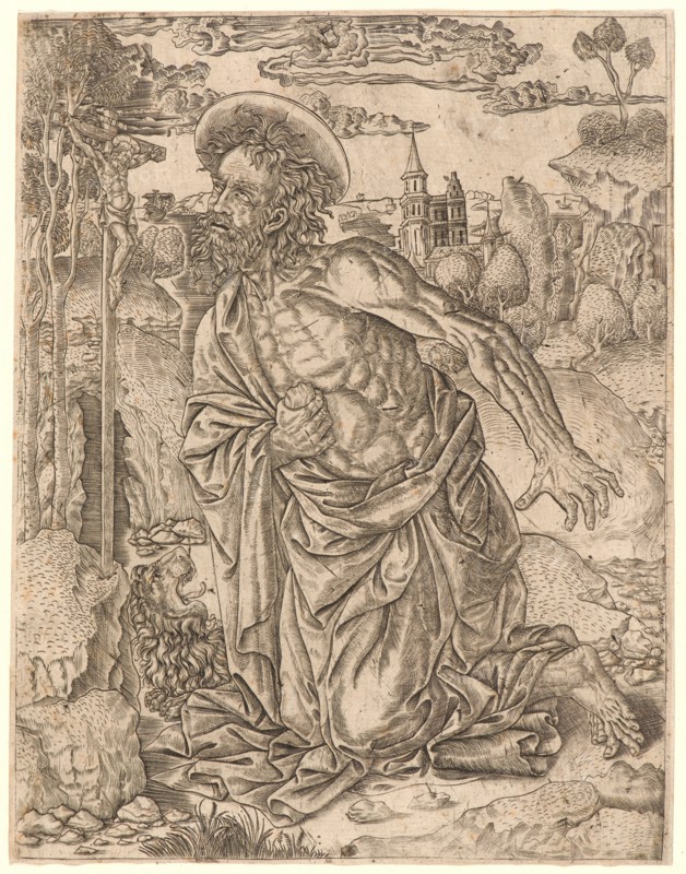 Anonymous (Italian). St. Jerome in Penitence, ca. 1500. Engraving on laid paper. Plate: 220 mm x 168 mm (8.66 in. x 6.61 in.).
