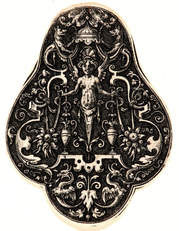 Etienne Delaune (aka Ãâtienne Delaune) (French, ca. 1519 - 1583). Three Ornaments, Plate 3, 1573. Engraving.
