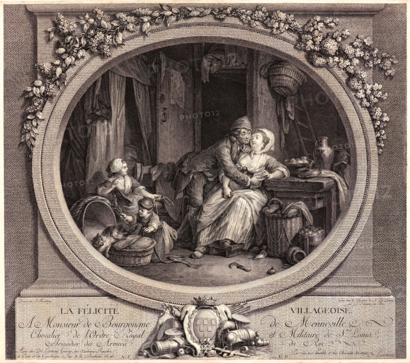 Jean-Louis Delignon (French, 1755-ca.1804) after Sigmund Freudenberger (Swiss, 1745-1801) executed under Nicolas Delaunay (French, 1739-1792). Village Pleasure (La Félicité Villageoise), ca. 1770-1780. Etching and engraving on laid paper. Plate: 293 mm x 340 mm (11.54 in. x 13.39 in.).