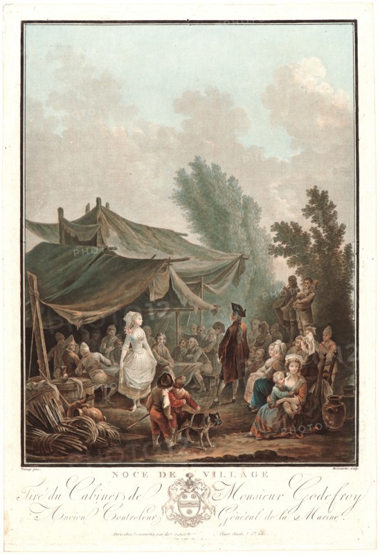 Charles-Melchior Descourtis (French, 1753-1820) after Nicolas-Antoine Taunay (French, 1755-1830). Village Wedding (Noce de Village), 1785. Etching, engraving, aquatint (and mezzotint?) in mixed methods, printed from five plates in yellow, red, blue, carmine, and black ink on laid paper. Plate: 310 mm x 235 mm (12.2 in. x 9.25 in.).