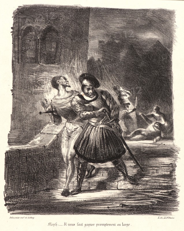 EugÃ¨ne Delacroix (French, 1798 - 1863). Mephistopheles and Faust Fleeing after the Duel (MéphistophélÃ¨s et Faust fuyant aprÃ¨s le duel), 1828. From Faust. Lithograph. Fifth of seven states.