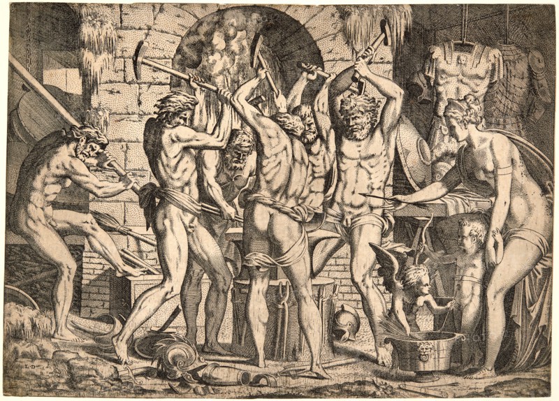 Monogrammist L. D. (aka Leon Davent, French, active 1540â€ì1556) after Luca Penni (Italian, 1500/1504 - 1577). Venus and Amor at the Forge of Vulcan, ca. 1550. Etching.