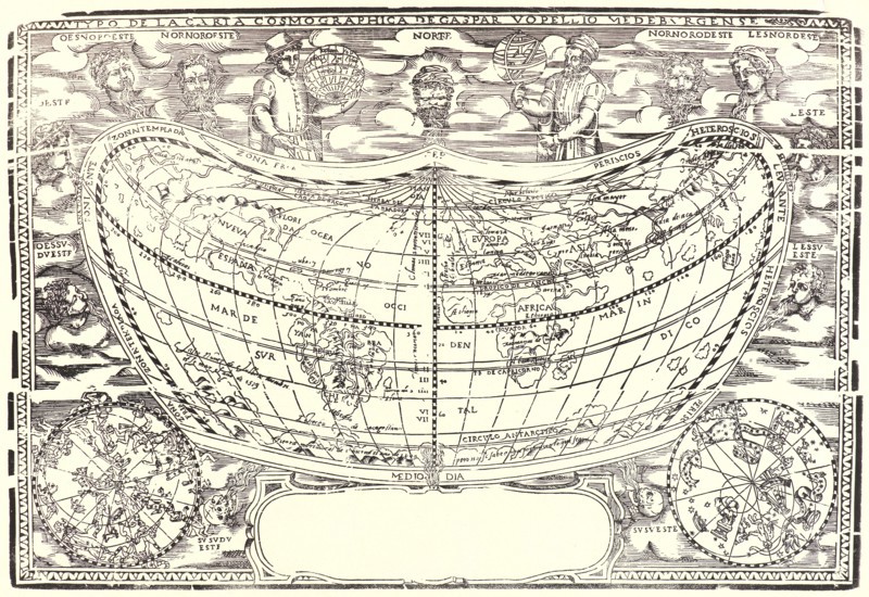 Anonymous. Map: The World of Volpellio (Typo de la carta Cosmographia de Gaspar Volpellio Medeburgense[?]), ca. 1520-1540 (modern restrike). Woodcut.
