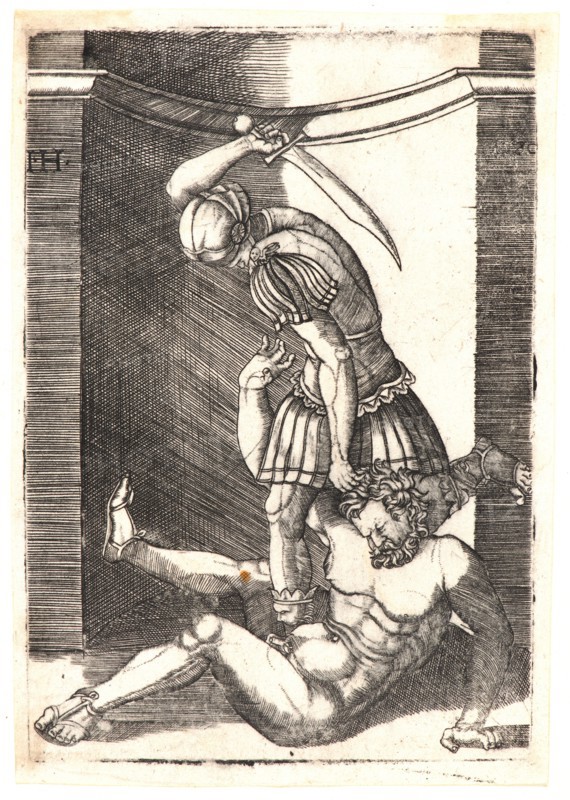 Master I.H. (aka Agostino Veneziano, Italian, active ca. 1530) possibly after Agostino Musi (Italian, ca. 1490 - after 1536). Soldier Killing a Naked Man, 1530. Engraving on laid paper. Plate: 111 mm x 78 mm (4.37 in. x 3.07 in.).