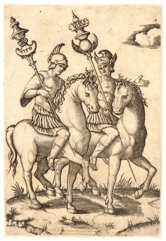 Marcantonio Raimondi (Italian, ca. 1470/1482 - 1527/1534). Titus and Vespasian, 16th century. Engraving on laid paper. Plate: 178 mm x 120 mm (7.01 in. x 4.72 in.).