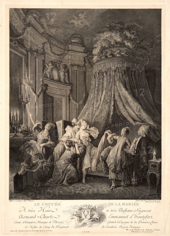 Jean-Michel Moreau le Jeune (French, 1741-1814) after Pierre Antoine Baudouin (French, 1723 - 1769). The Marriage Bed (La Couché de la Mariée), 1768. Etching and engraving on laid paper. Plate: 468 mm x 336 mm (18.43 in. x 13.23 in.). Fourth of four states.