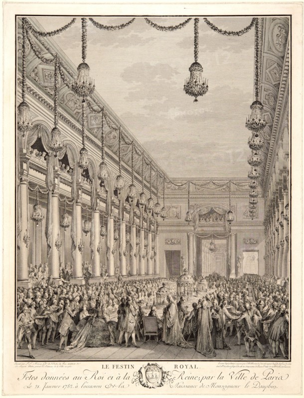 Jean-Michel Moreau le Jeune (French, 1741-1814) after P. L. Moreau (French). The Royal Banquet Given to the King and Queen by the City of Paris on 21 January 1782 on the Occasion of the Birth of the Dauphin, 1782. Etching and engraving on laid paper. Plate: 522 mm x 396 mm (20.55 in. x 15.59 in.). Second of two states.
