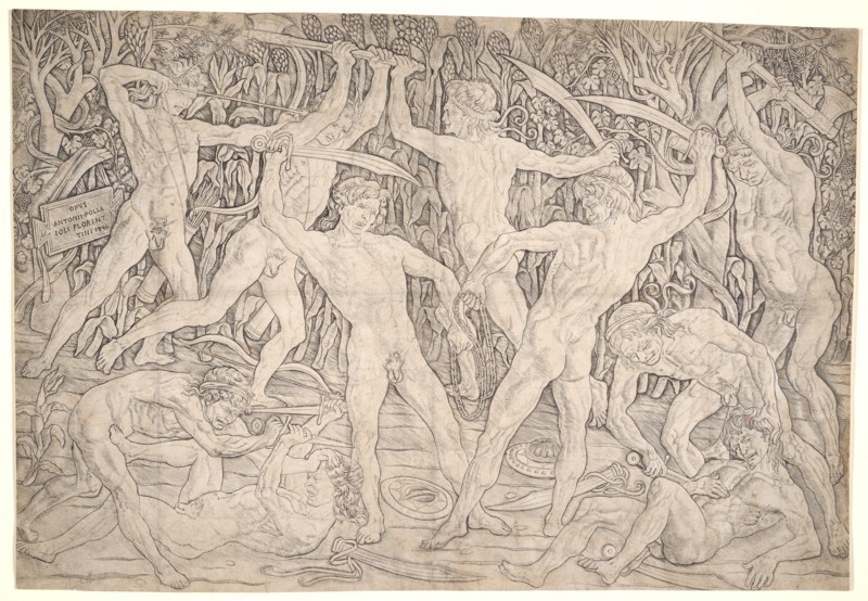 Antonio del Pollaiolo (aka Antonio del Pollaiuolo, Italian, 1431/1432 - 1498). The Battle of the Nudes, ca. 1465-1470. Engraving. Sheet: 401 mm x 578 mm (15.79 in. x 22.76 in.). Second of two states.