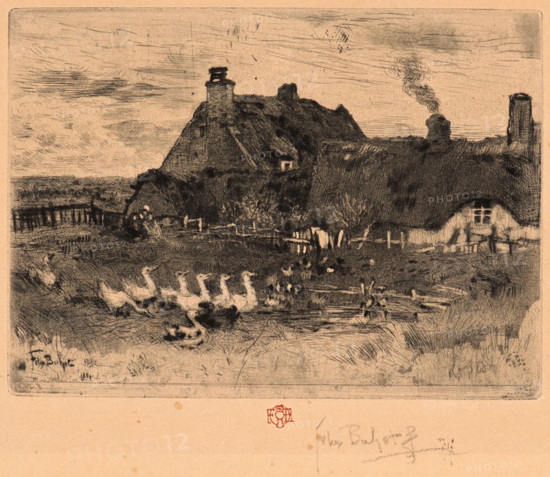 Félix Hilaire Buhot (French, 1847 - 1898). Ducks and Cottage, 19th century. Etching.