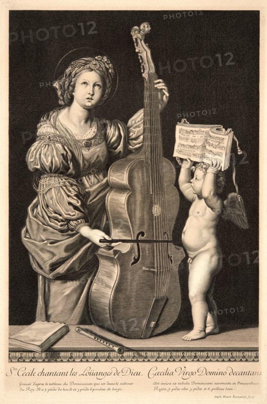 Etienne Picart (aka Le Romain, French, 1632 - 1721) after Domenichino (aka Domenico Zampieri Domenichino, Italian, 1581-1641). St. Cecilia Singing Praise to God, ca. 1675-1695. Engraving on laid paper. Plate: 431 mm x 286 mm (16.97 in. x 11.26 in.).
