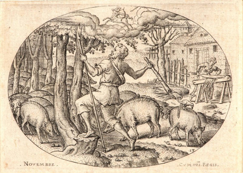 Etienne Delaune (aka Ãâtienne Delaune) (French, ca. 1519 - 1583). The Twelve Months, November, 1568. From The Twelve Months. Engraving.