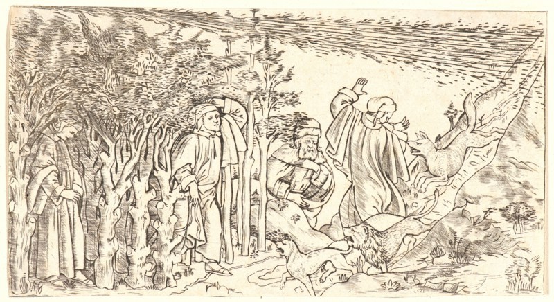 Anonymous (Italian). Divine Comedy: Dante Lost in the Wood, Escaping and Meeting Virgil, 1481. Engraving; fine manner on laid paper. Plate: 92 mm x 169 mm (3.62 in. x 6.65 in.). Only state.