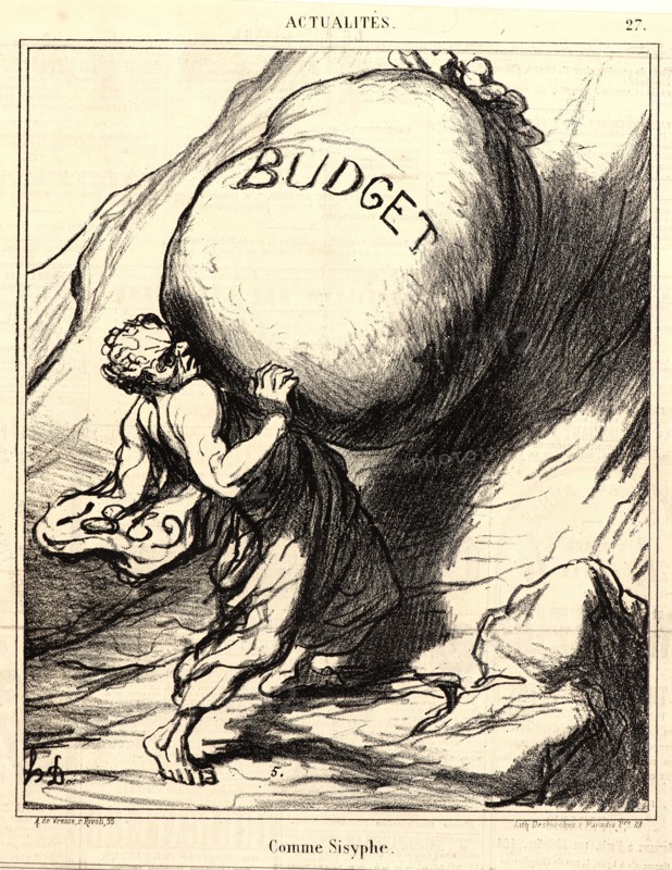 Honoré Daumier (French, 1808 - 1879). Comme Sisyphe, 1869. From Actualités. Lithograph on newsprint paper. Image: 251 mm x 207 mm (9.88 in. x 8.15 in.). Second of two states.