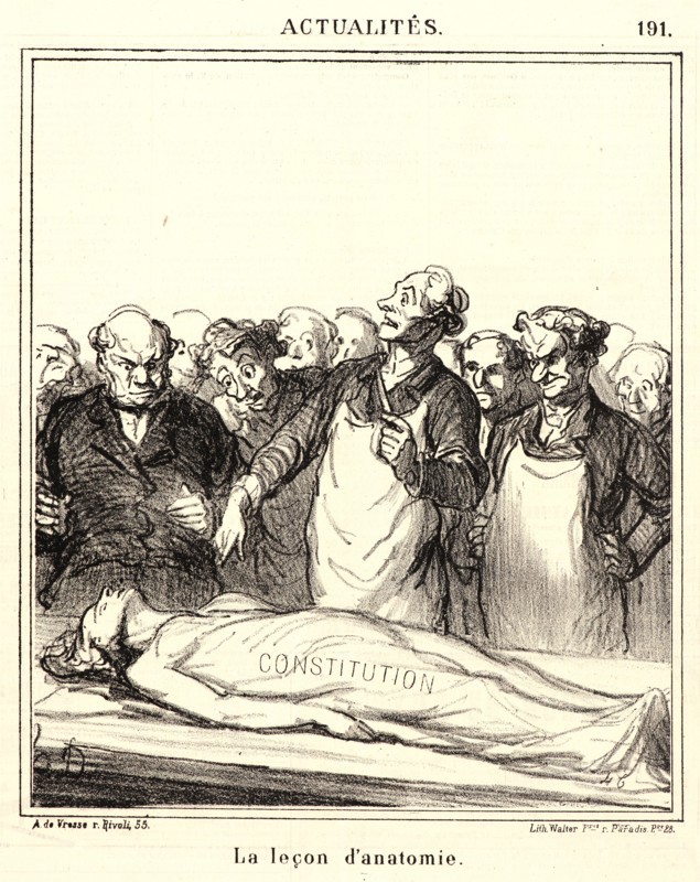 Honoré Daumier (French, 1808 - 1879). La leÃ§on d'anatomie, 1869. From Actualités. Lithograph on newsprint paper. Image: 238 mm x 203 mm (9.37 in. x 7.99 in.). Second of two states.