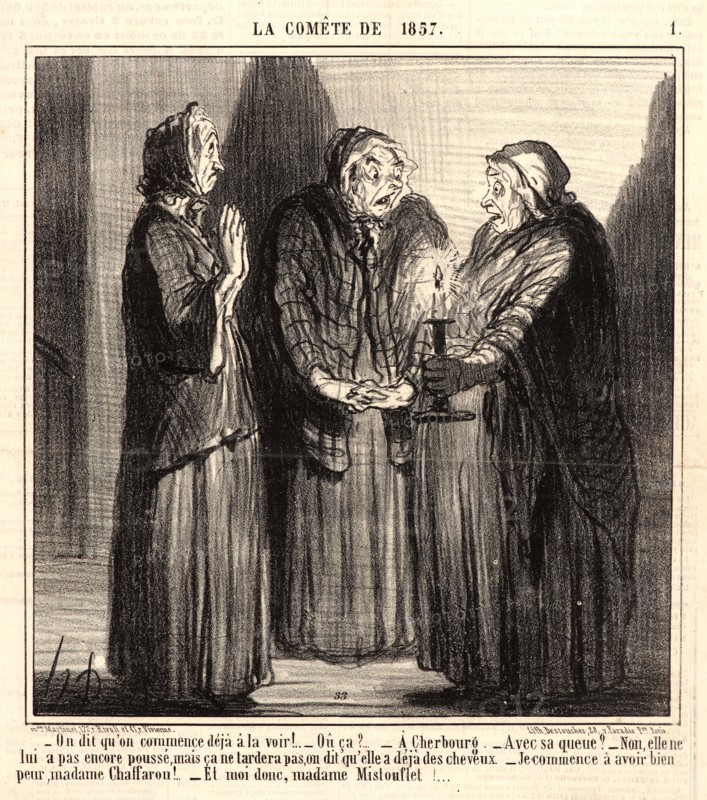 Honoré Daumier (French, 1808 - 1879). On dit qu'on commence déja Ã  la voir! ..., 1857. From La ComÃªte de 1857. Lithograph on newsprint paper. Image: 211 mm x 204 mm (8.31 in. x 8.03 in.). Second of two states.