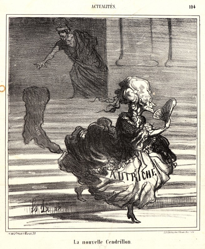 Honoré Daumier (French, 1808 - 1879). La nouvelle Cendrillon, 1866. From Actualités. Lithograph on newsprint paper. Image: 233 mm x 210 mm (9.17 in. x 8.27 in.). Second of three states.