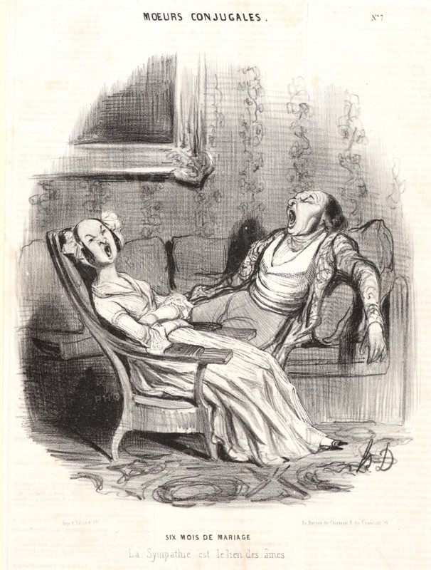 Honoré Daumier (French, 1808 - 1879). Six Mois de Mariage, 1839. From Moeurs Conjugales. Lithograph on newsprint paper. Image: 238 mm x 208 mm (9.37 in. x 8.19 in.) (image dimensions are for composition). Second state.