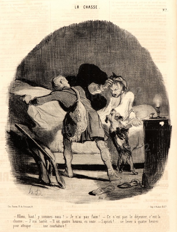 Honoré Daumier (French, 1808 - 1879). Allons, haut! y sommes-nous?..., 1843. From La Chasse. Lithograph on newsprint paper. Image: 242 mm x 220 mm (9.53 in. x 8.66 in.). Third of three states.