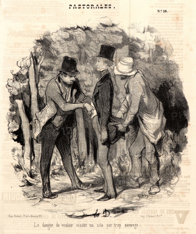 Honoré Daumier (French, 1808 - 1879). Le danger de vouloir visiter un site par trop sauvage, 1845. From Pastorales. Lithograph on newsprint paper. Image: 244 mm x 219 mm (9.61 in. x 8.62 in.). Second of two states.