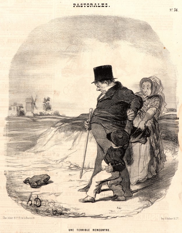 Honoré Daumier (French, 1808 - 1879). Une terrible rencontre, 1845. From Pastorales. Lithograph on newsprint paper. Image: 262 mm x 226 mm (10.31 in. x 8.9 in.). Second of two states.