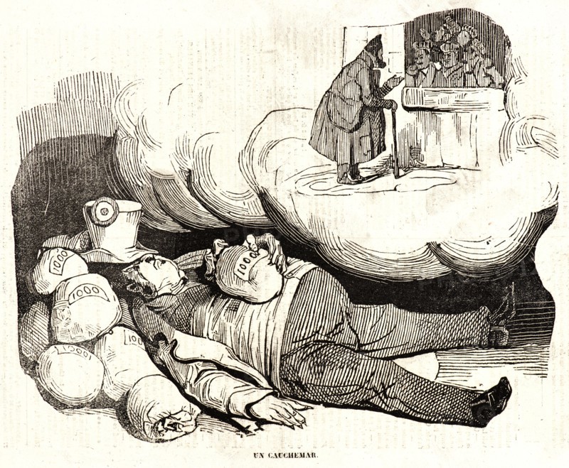 Honoré Daumier (French, 1808 - 1879). Un Cauchemar, 1834. Wood engraving on newsprint paper. Image: 192 mm x 244 mm (7.56 in. x 9.61 in.).