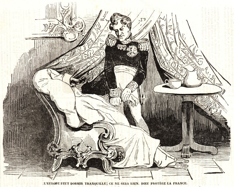 Honoré Daumier (French, 1808 - 1879). L'Europe peut dormir Tranquille; ce ne sera bien. Dieu protÃ¨ge la France., 1834. Wood engraving on newsprint paper. Image: 190 mm x 241 mm (7.48 in. x 9.49 in.).