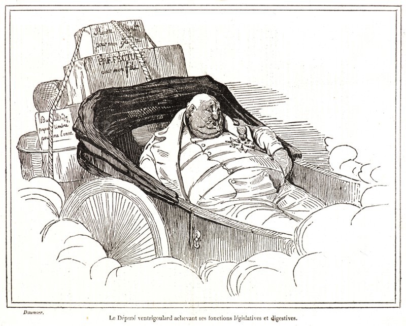 Honoré Daumier (French, 1808 - 1879). Le Député ventrigoulard achevant ses fonctions legislatives et digestives., 1834. Wood engraving on newsprint paper. Image: 181 mm x 241 mm (7.13 in. x 9.49 in.).