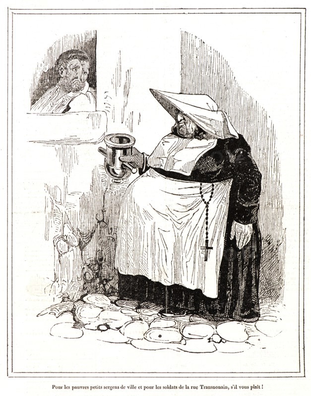 Honoré Daumier (French, 1808 - 1879). Pour les pauvres petits sergens de ville et pour les soldats de la rue Transnonain, s'il vous plait., 1834. From Magasin Charivarique. Wood engraving on newsprint paper. Image: 280 mm x 170 mm (11.02 in. x 6.69 in.). First state.