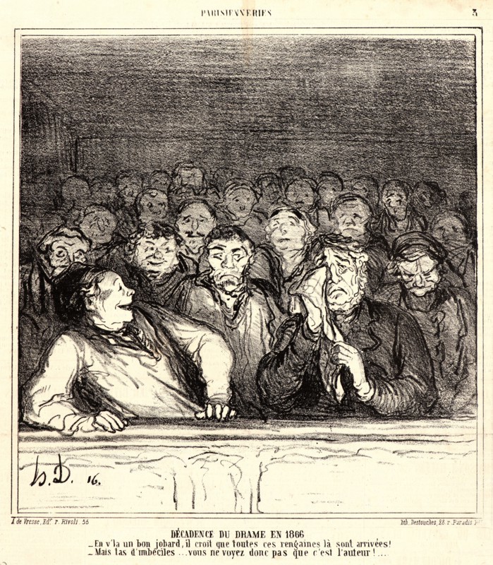 Honoré Daumier (French, 1808 - 1879). Décadence du Drame en 1866, 1866. From Parisienneries. Lithograph on newsprint paper. Image: 225 mm x 217 mm (8.86 in. x 8.54 in.). Second of two states.